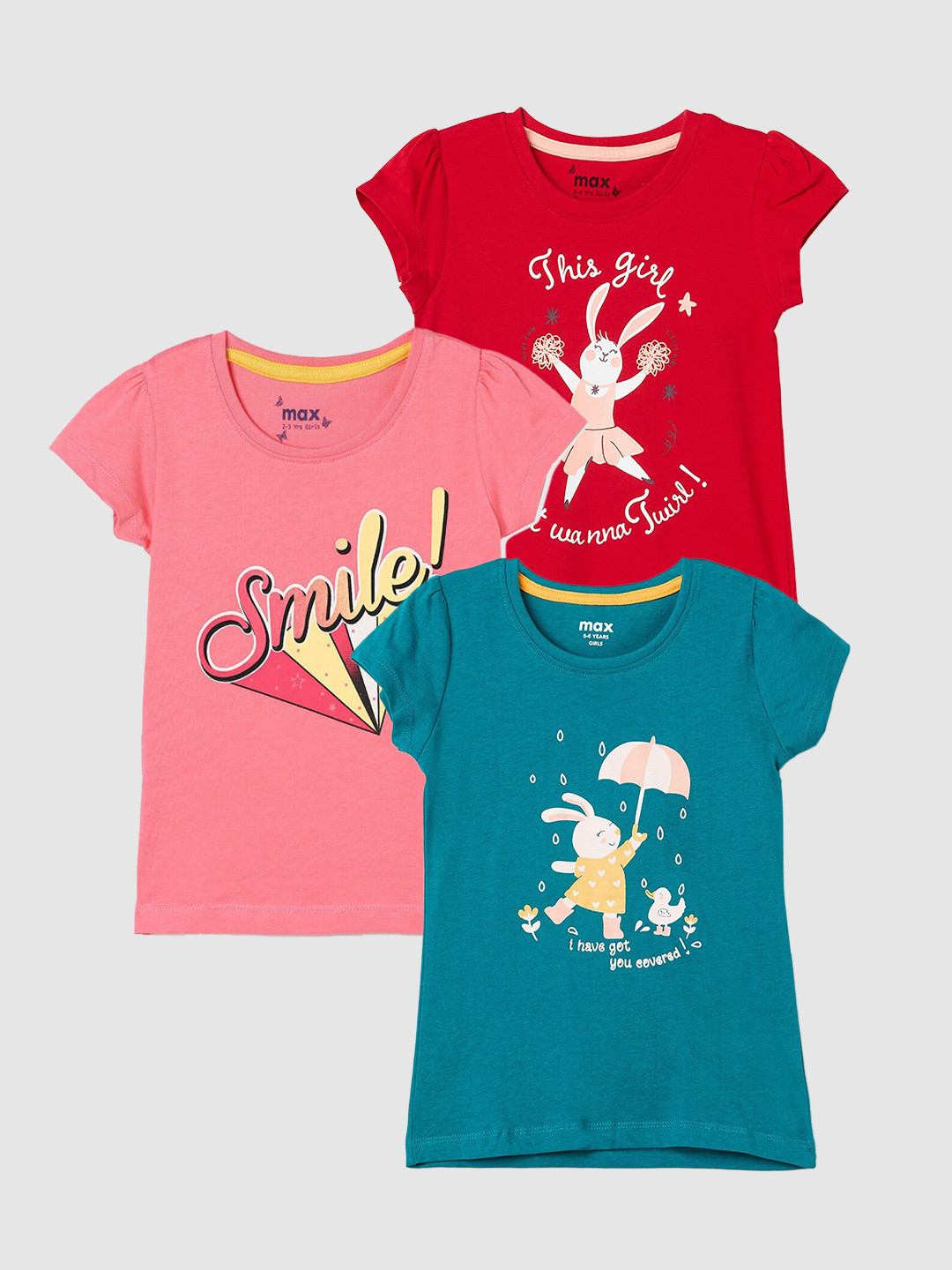 

max Girls Pack Of 3 Printed Pure Cotton Casual T-Shirt, Green