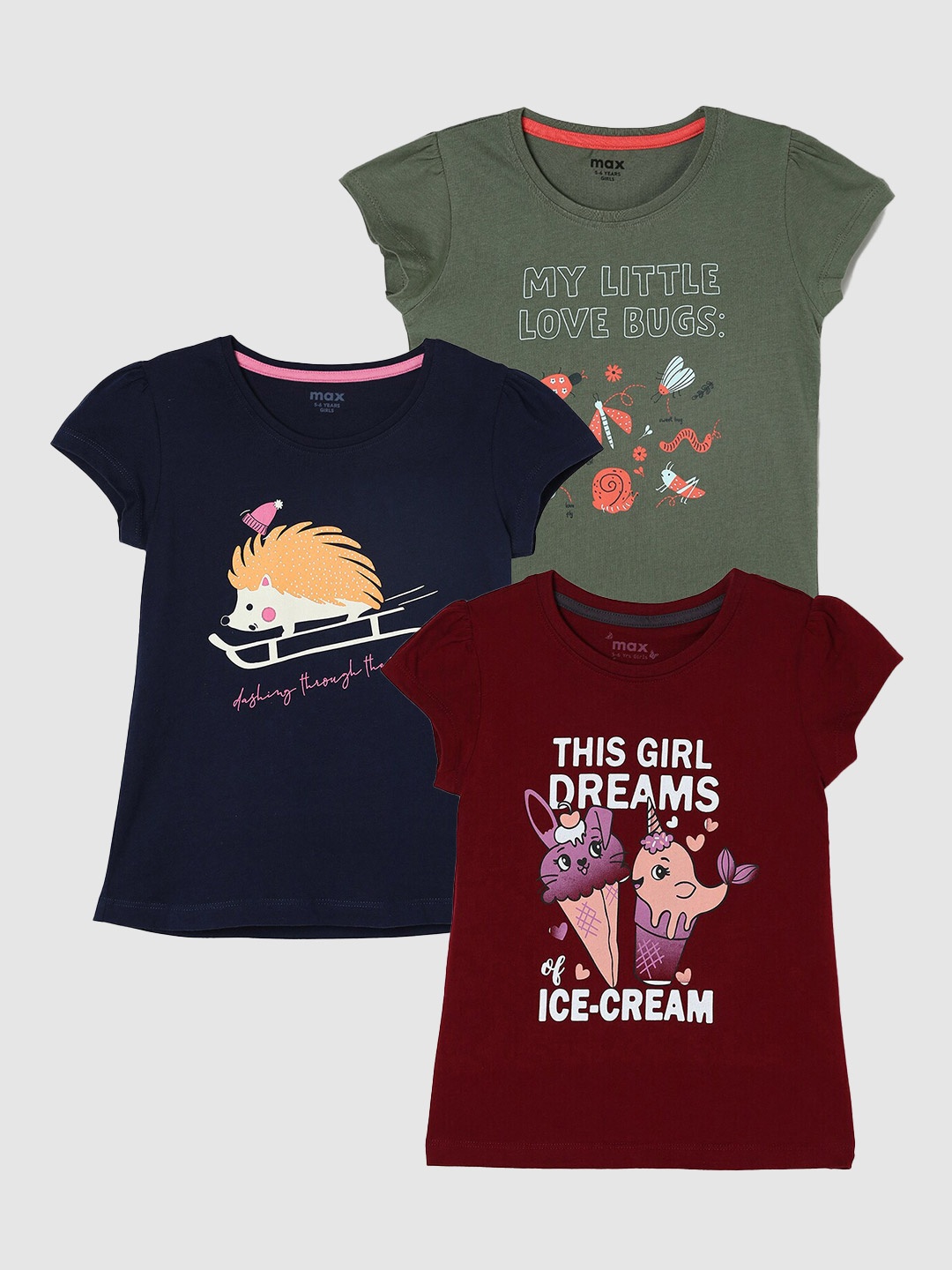 

max Girls Pack Of 3 Graphic Printed Pure Cotton Casual T-Shirt, Maroon