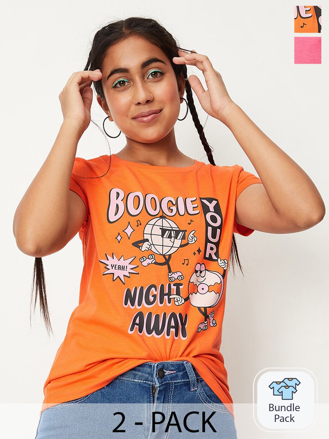 

max Girls Pack Of 2 Printed Pure Cotton Casual T-Shirt, Orange