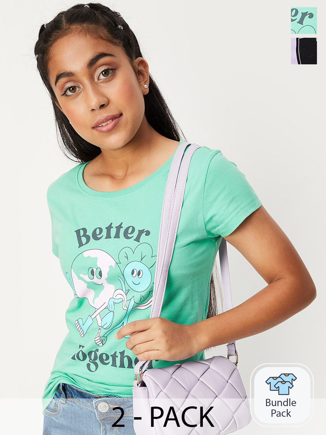 

max Girls Pack Of 2 Printed Pure Cotton Casual T-Shirt, Green