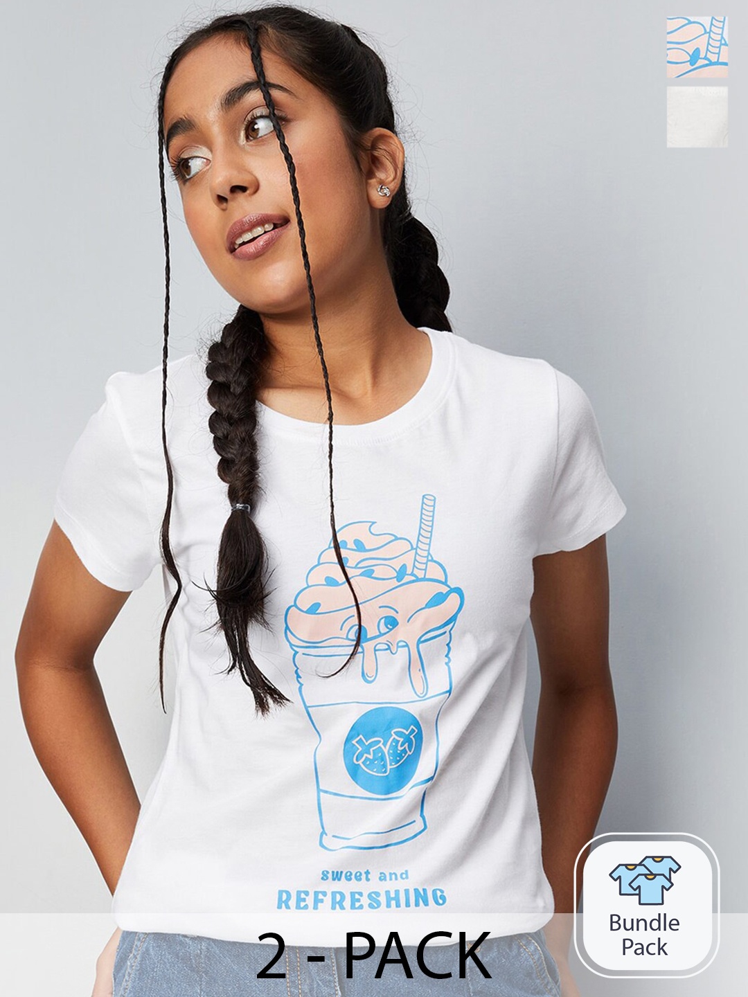 

max Girls Pack Of 2 Printed Pure Cotton Casual T-Shirt, White
