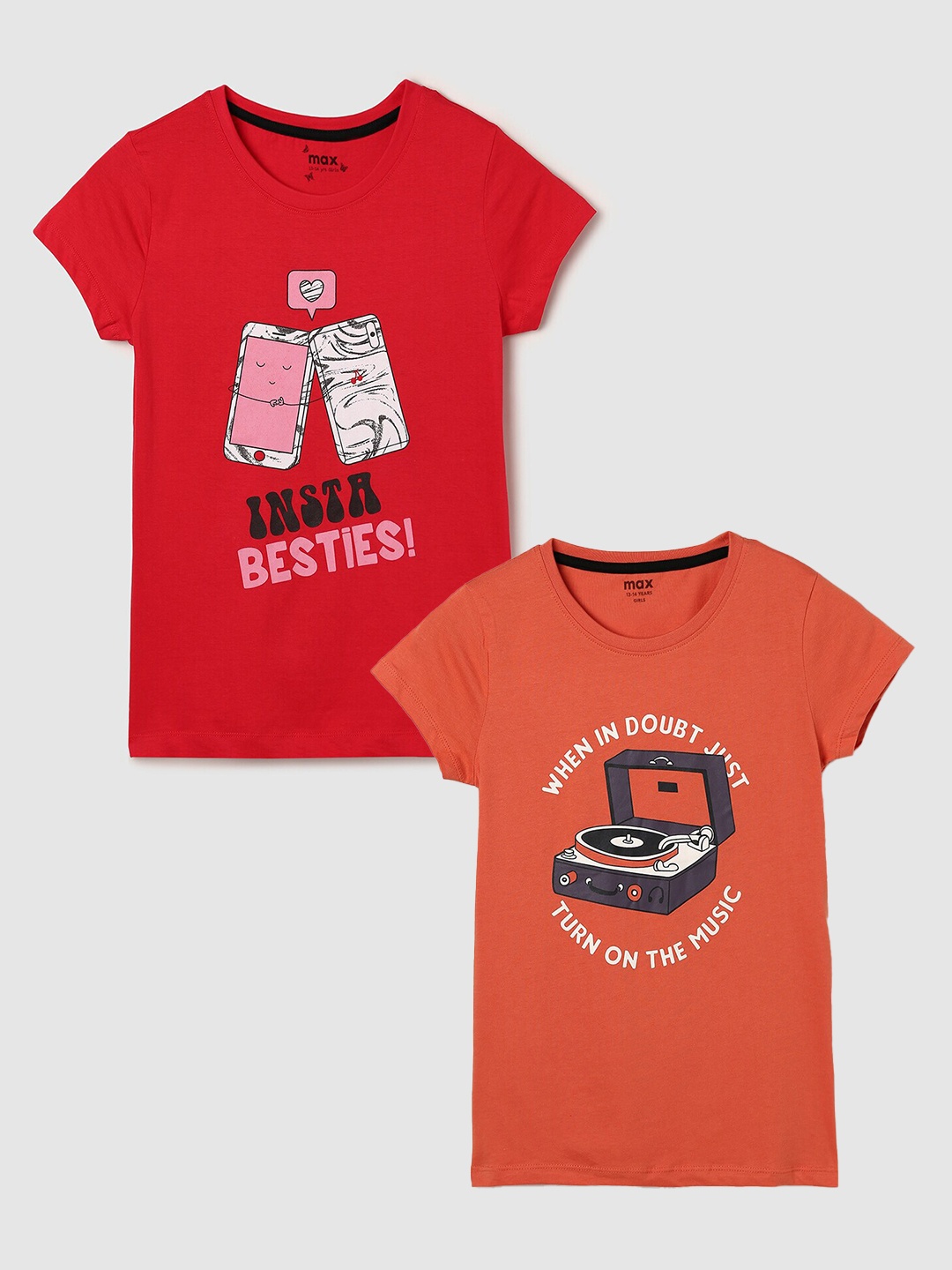 

max Girls Pack Of 2 Printed Pure Cotton Casual T-Shirt, Orange