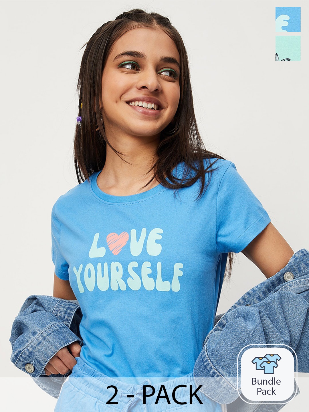 

max Girls Pack Of 2 Printed Pure Cotton Casual T-Shirt, Blue