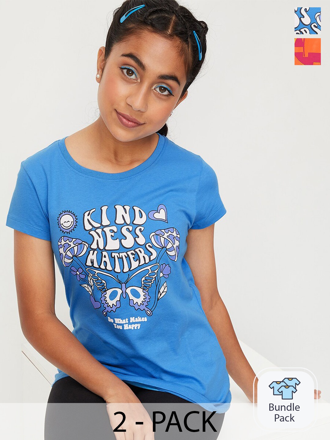 

max Girls Pack Of 2 Printed Pure Cotton Casual T-Shirt, Blue