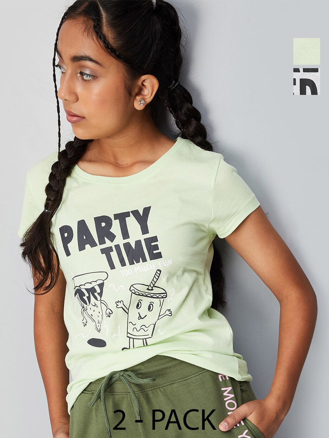 

max Girls Pack Of 2 Printed Pure Cotton Casual T-Shirt, Green