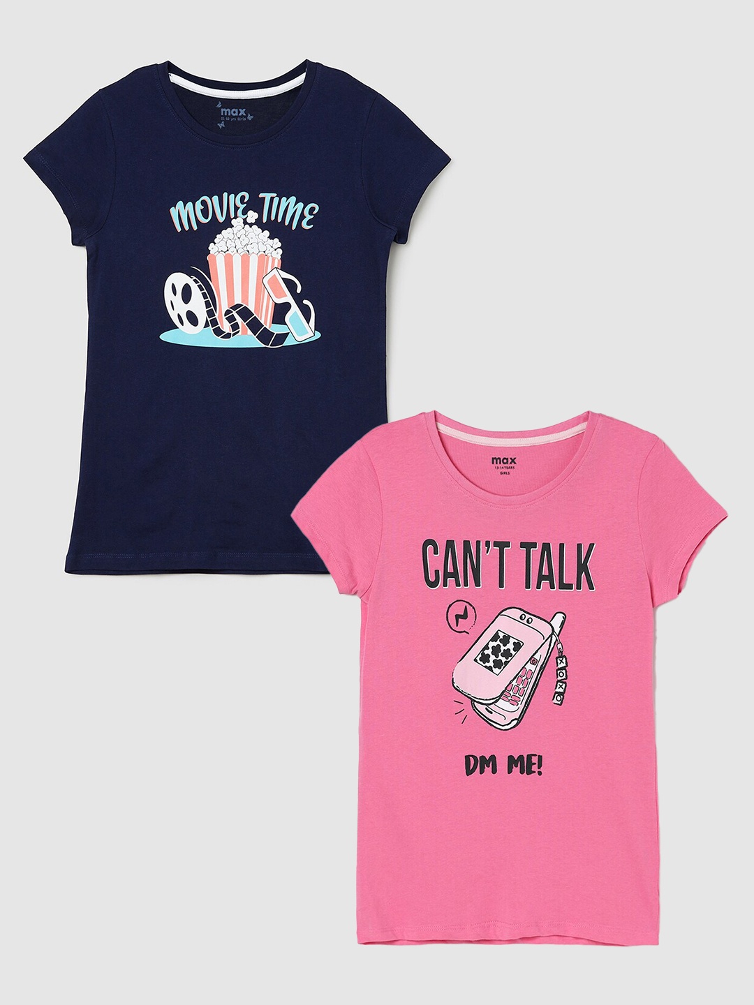 

max Girls Pack Of 2 Printed Cotton Casual T-Shirt, Pink