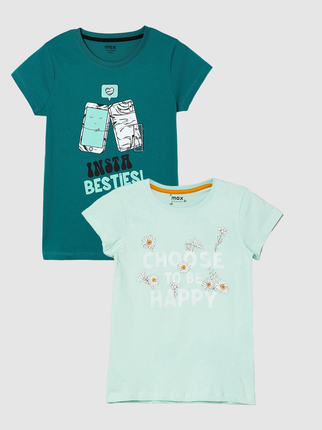 

max Girls Pack Of 2 Printed Cotton Casual T-Shirt, Green