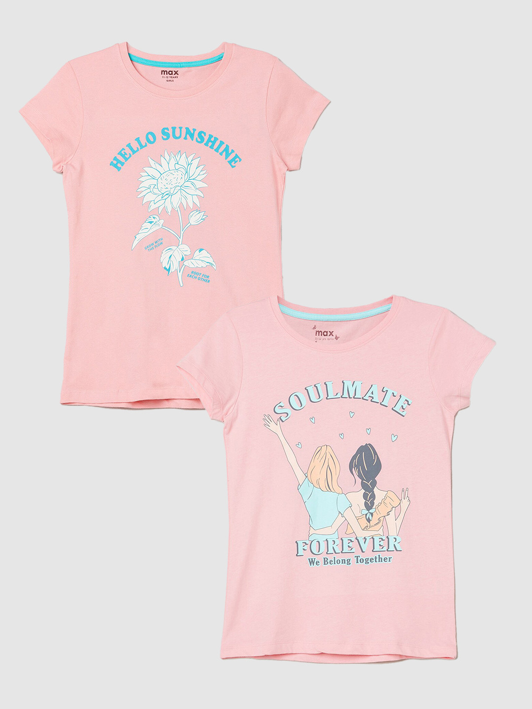 

max Girls Pack Of 2 Printed Pure Cotton Casual T-Shirt, Pink