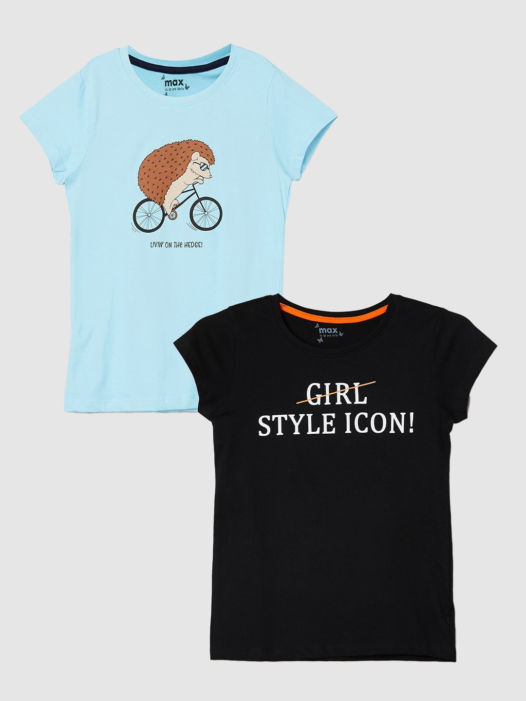 

max Girls Pack Of 2 Printed Cotton Casual T-Shirt, Black