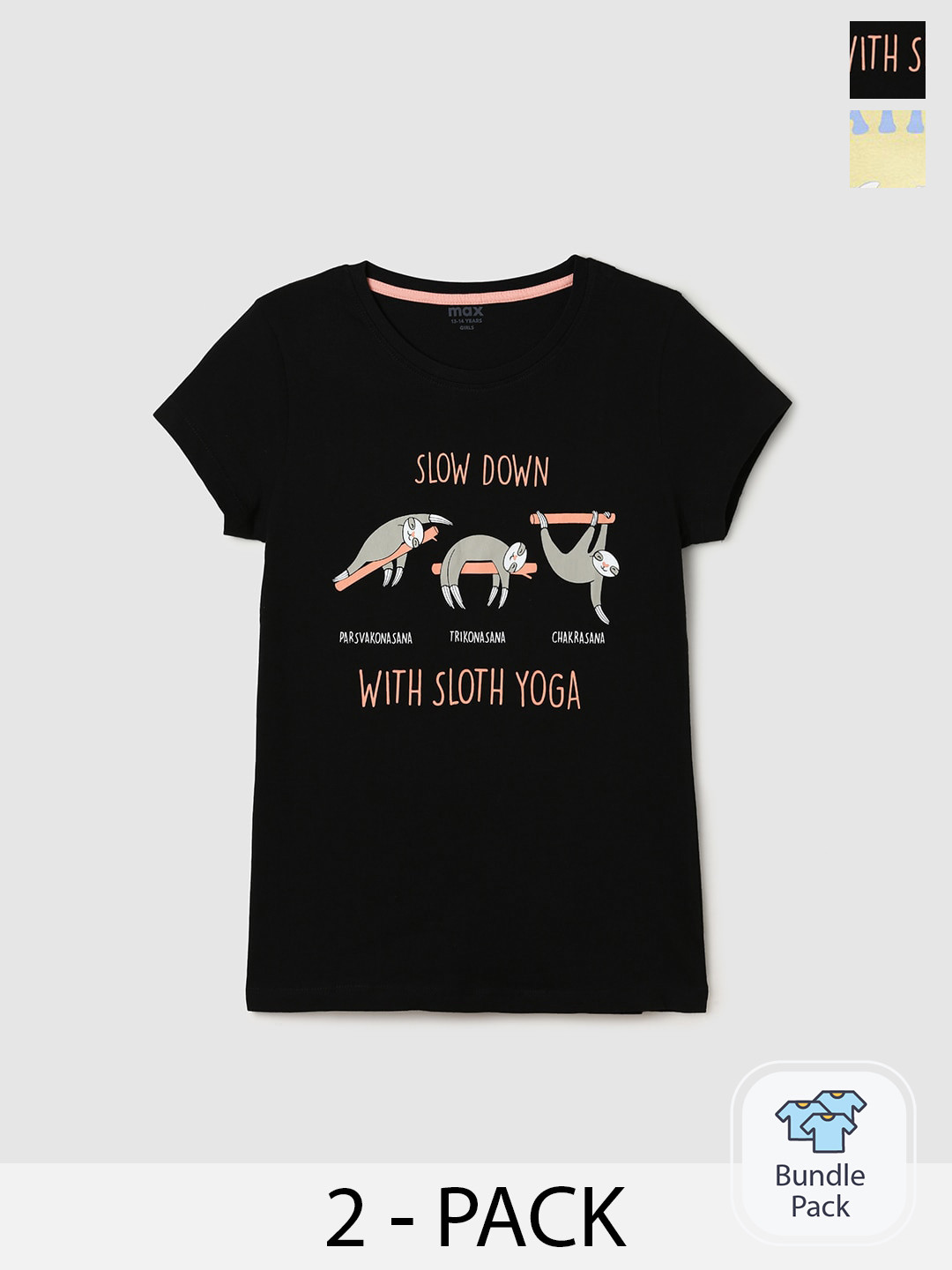 

max Girls Pack Of 2 Printed Cotton Casual T-Shirt, Black