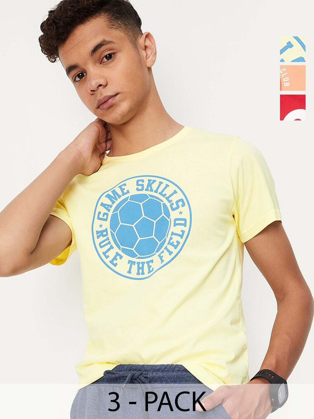 

max Boys Pack Of 3 Typography Printed Pure Cotton Casual T-Shirt, Yellow