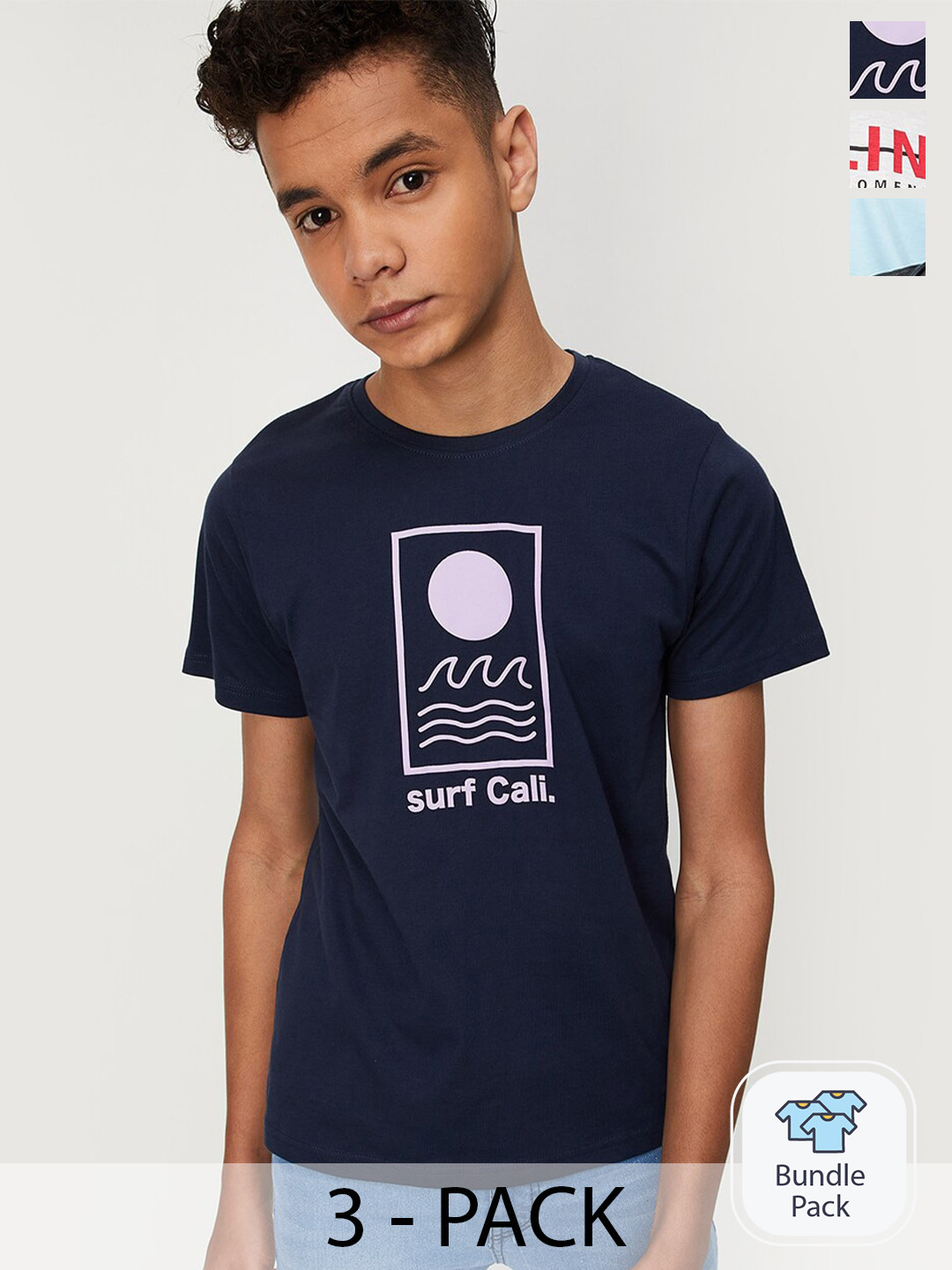 

max Boys Pack Of 3 Printed Cotton Casual T-Shirt, Navy blue