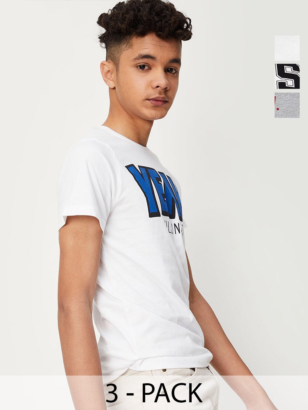

max Boys Pack Of 3 Typography Printed Cotton Casual T-Shirt, White