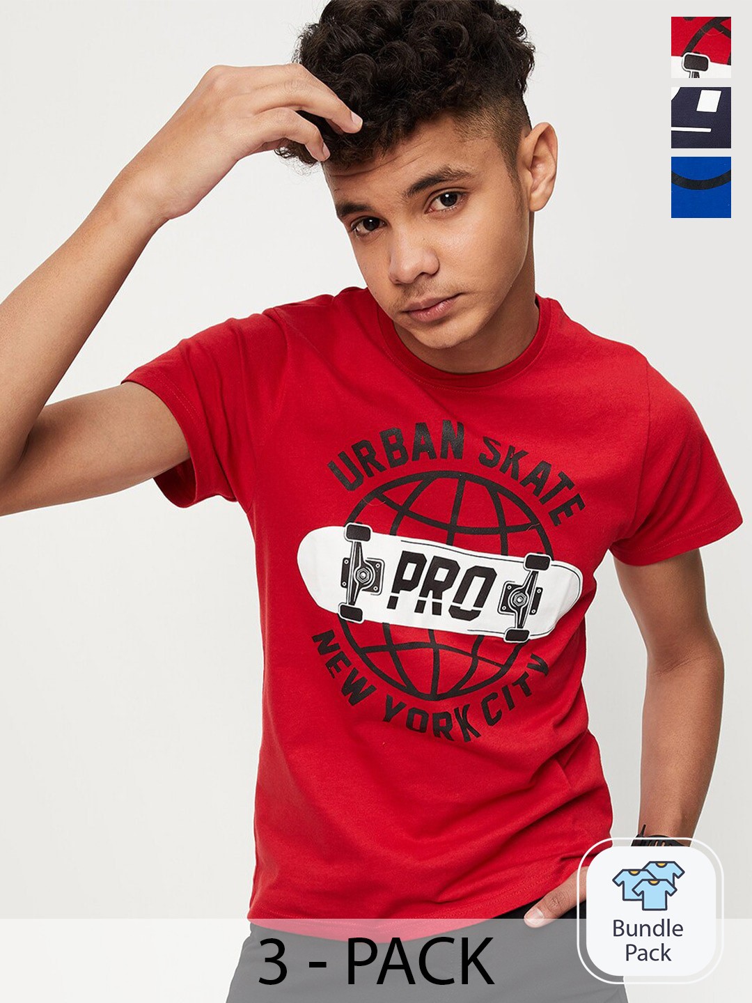 

max Boys Pack Of 3 Printed Cotton Casual T-Shirt, Red