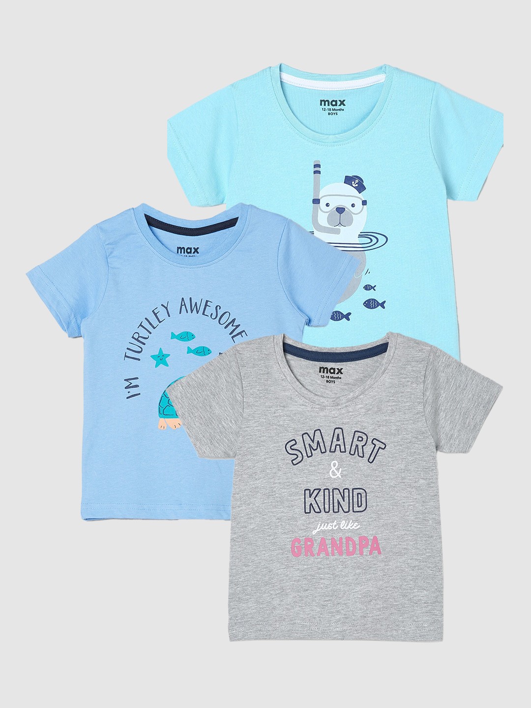 

max Boys Pack Of 3 Typography Printed Pure Cotton Casual T-Shirt, Grey melange