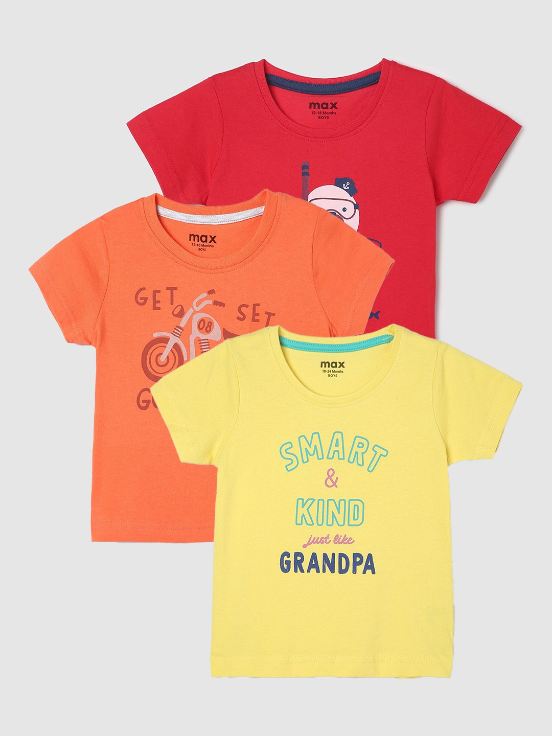 

max Boys Pack Of 3 Typography Printed Pure Cotton Casual T-Shirt, Yellow