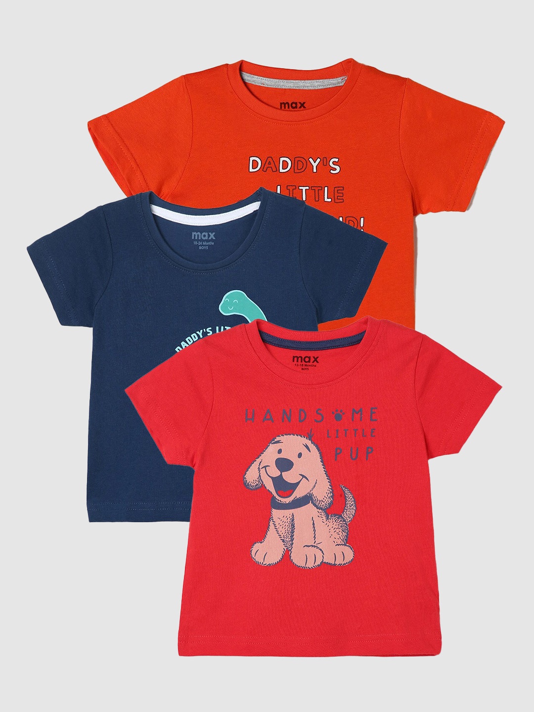 

max Boys Pack Of 3 Typography Printed Cotton Casual T-Shirt, Red