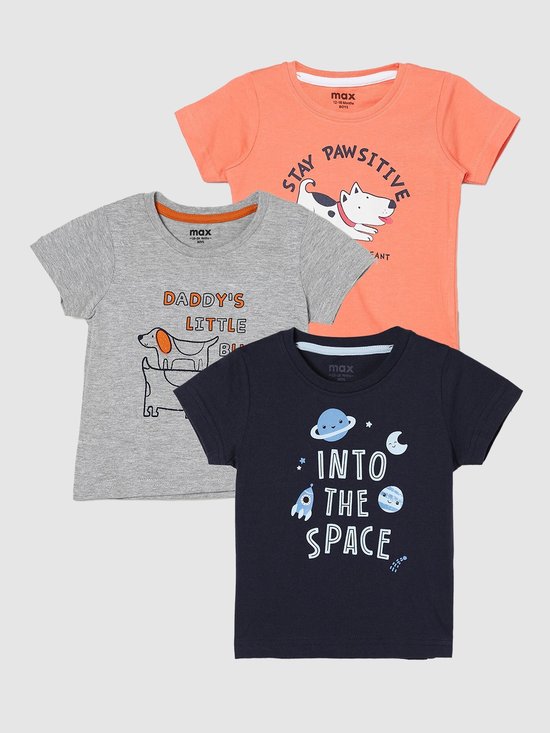 

max Boys Pack Of 3 Typography Printed Cotton Casual T-Shirt, Blue