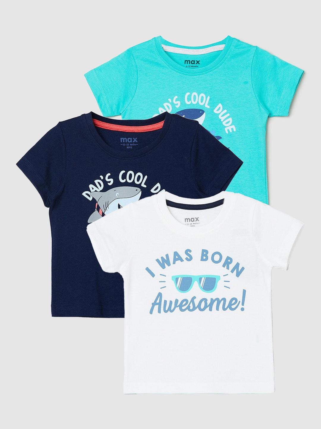 

max Boys Pack Of 3 Typography Printed Pure Cotton Casual T-Shirt, White