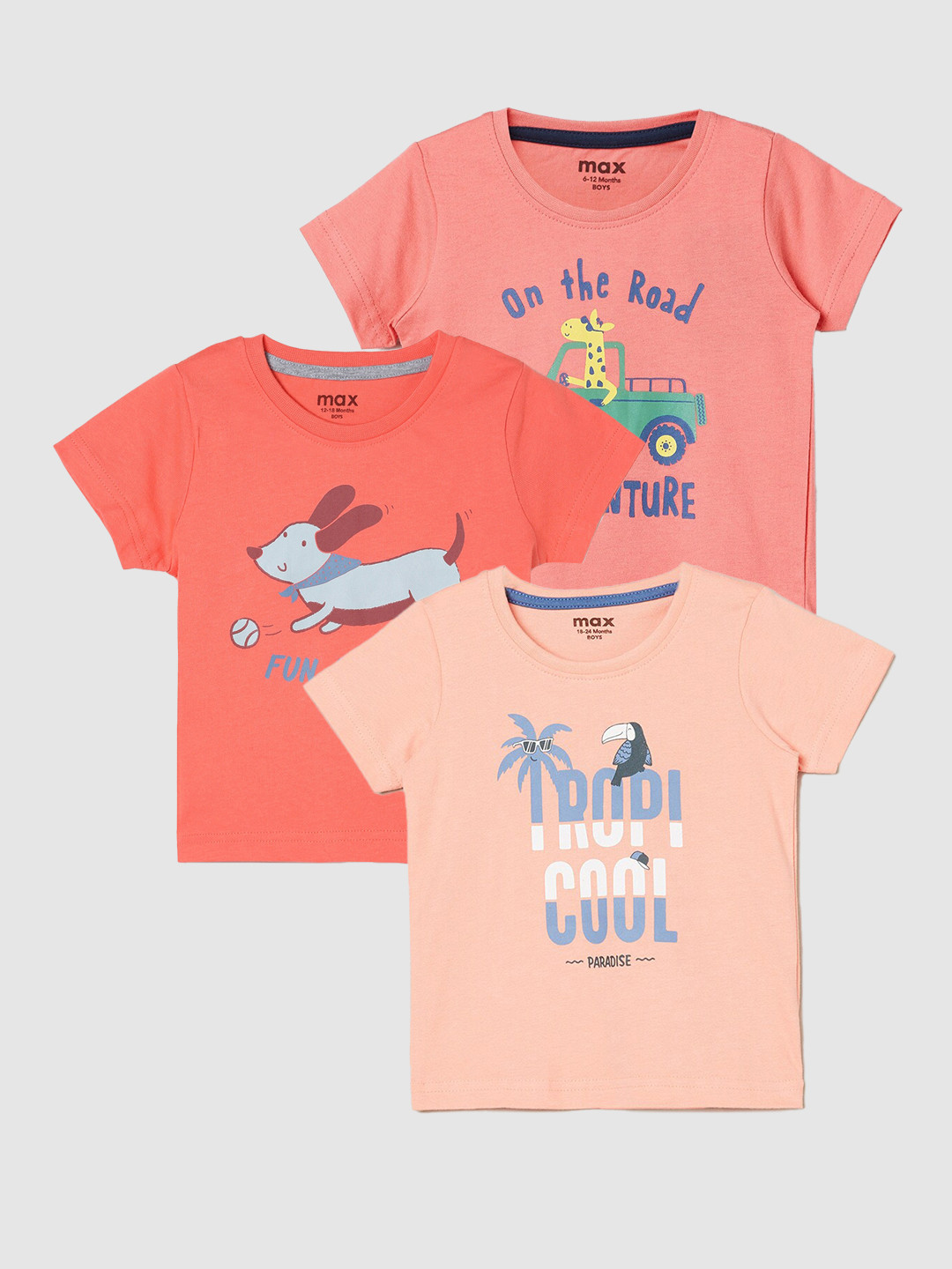 

max Boys Pack Of 3 Printed Cotton Casual T-Shirt, Pink