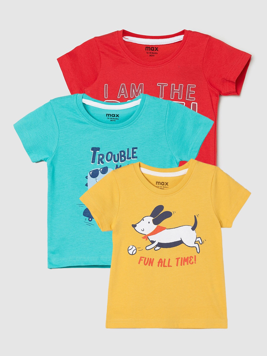 

max Boys Pack Of 3 Typography Printed Cotton Casual T-Shirt, Yellow