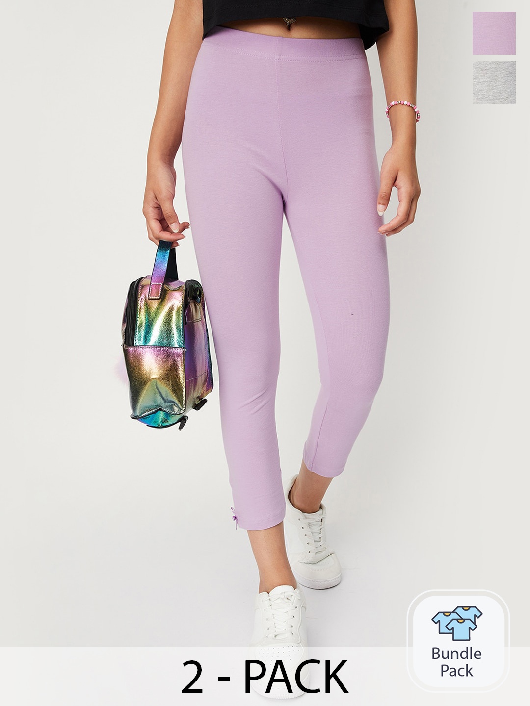 

max Girls Pack Of 2 Cotton Casual Leggings, Lavender