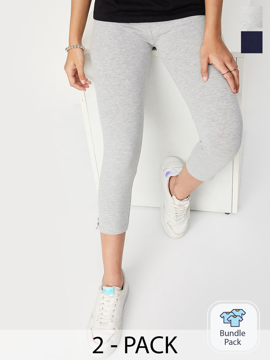 

max Girls Pack Of 2 Cotton Casual Leggings, Grey melange