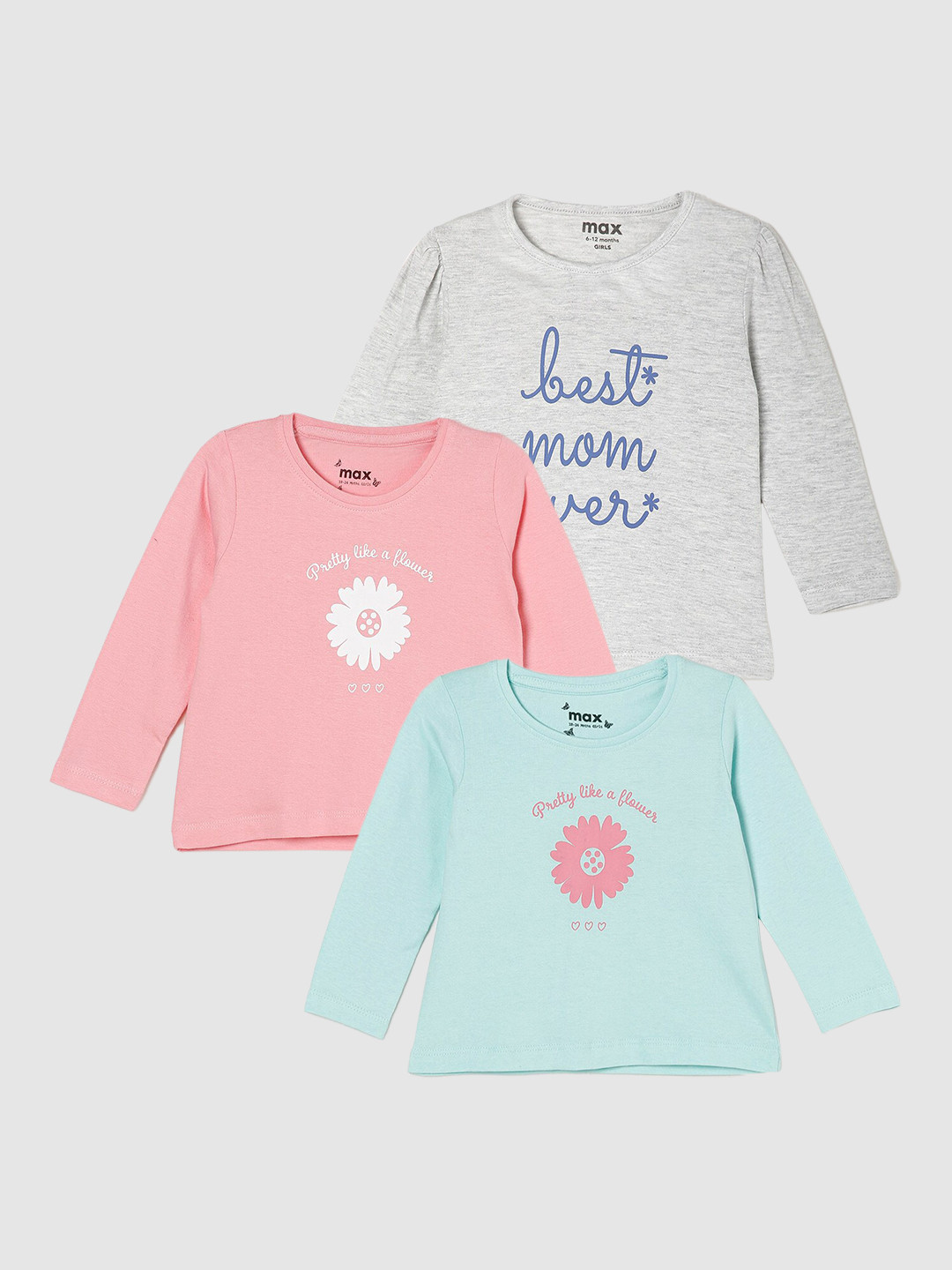 

max Girls Pack Of 3 Printed Pure Cotton Casual T-Shirt, Blue
