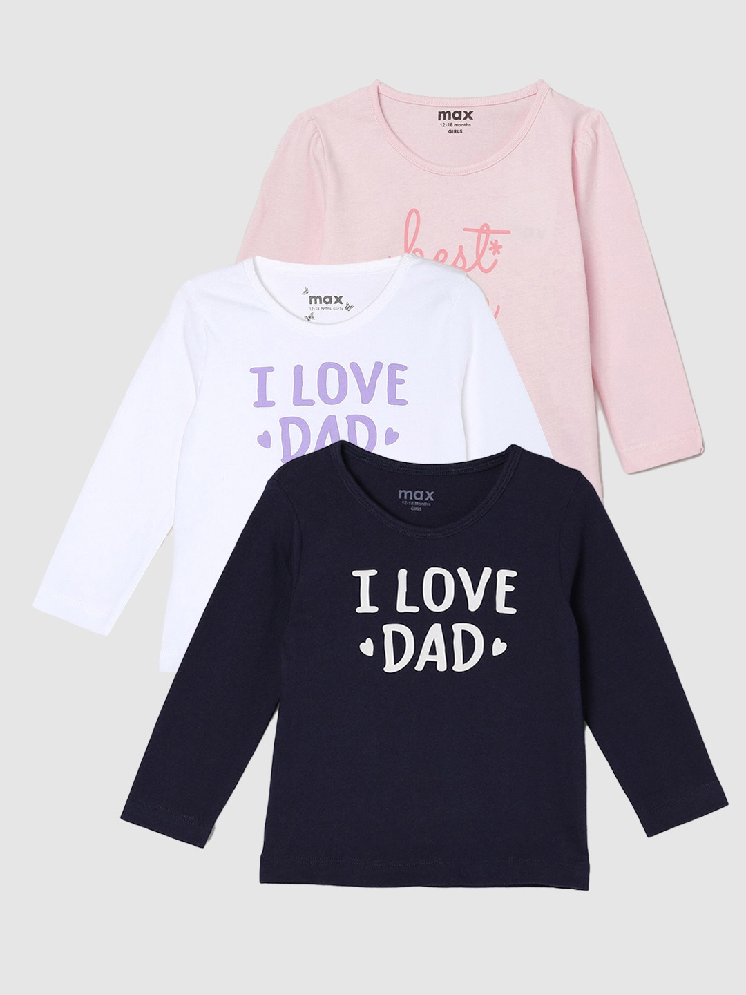 

max Girls Pack Of 3 Typography Printed Pure Cotton Casual T-Shirt, Blue