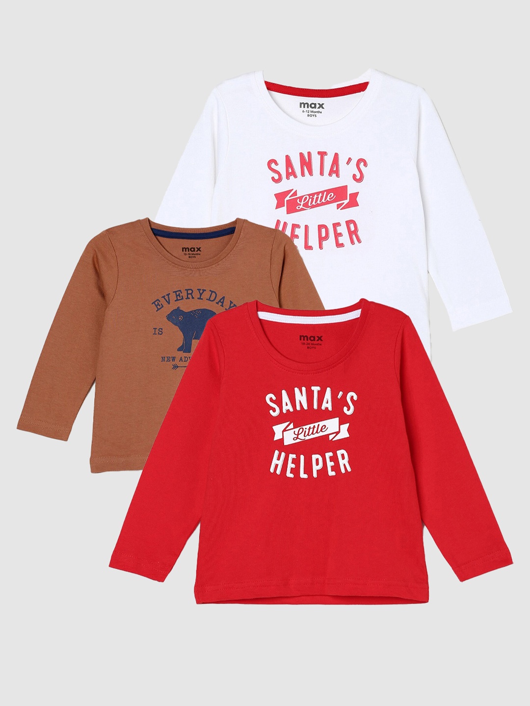 

max Boys Pack Of 3 Typography Printed Pure Cotton Casual T-Shirt, Red
