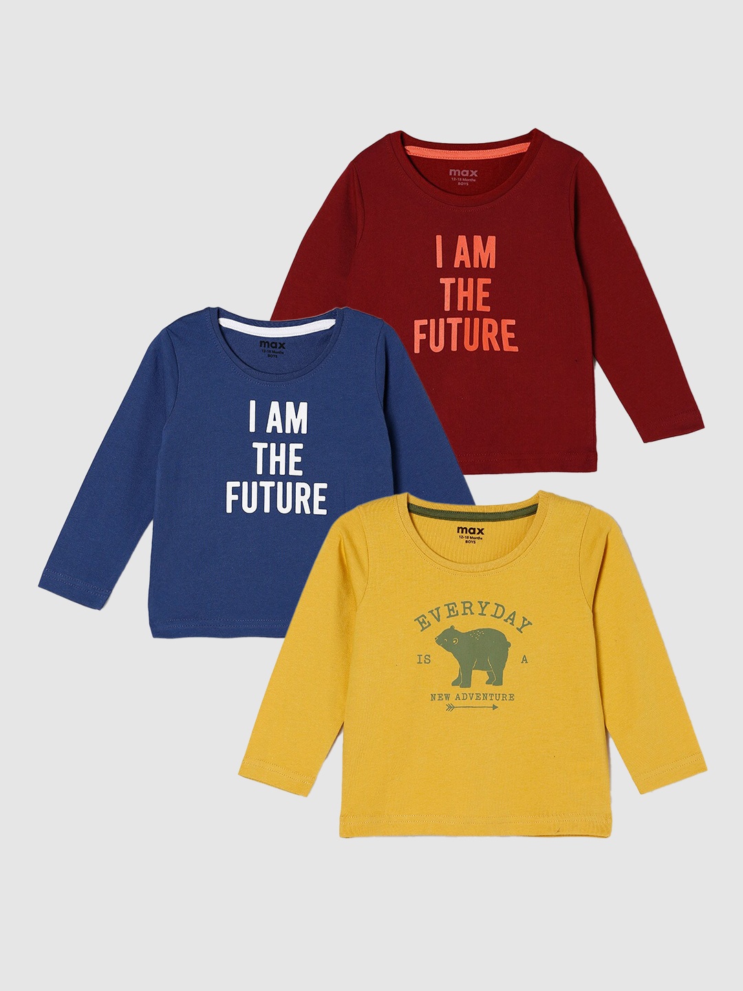 

max Boys Pack Of 3 Typography Printed Cotton Casual T-Shirt, Yellow