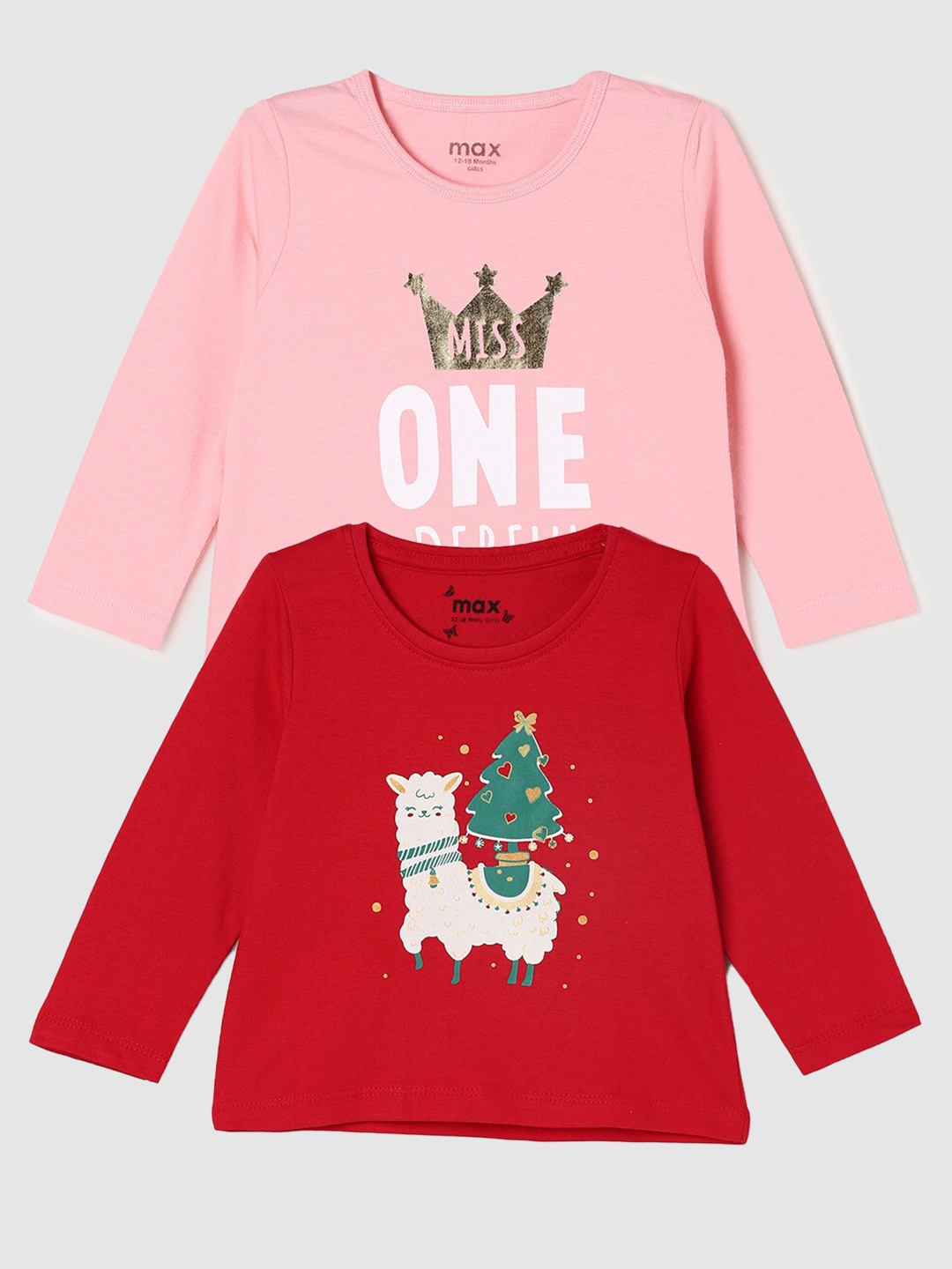 

max Girls Pack Of 2 Printed Cotton Casual T-Shirt, Red