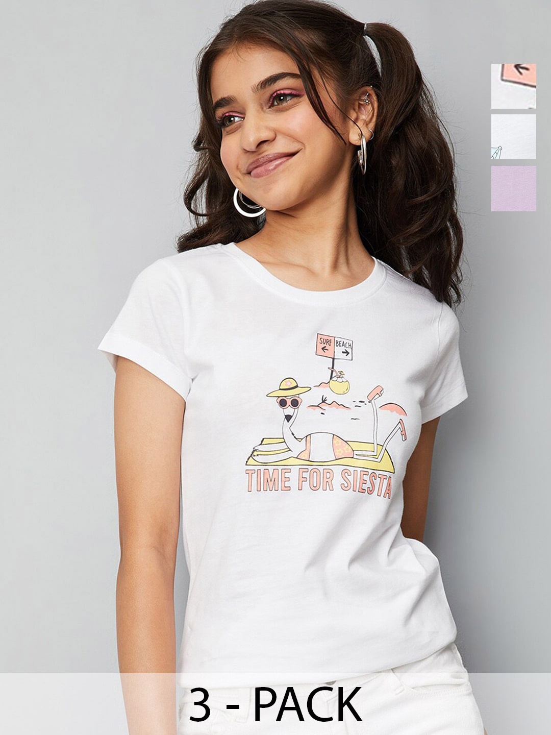 

max Girls Pack Of 3 Printed Round Neck Cotton Casual T-Shirt, White