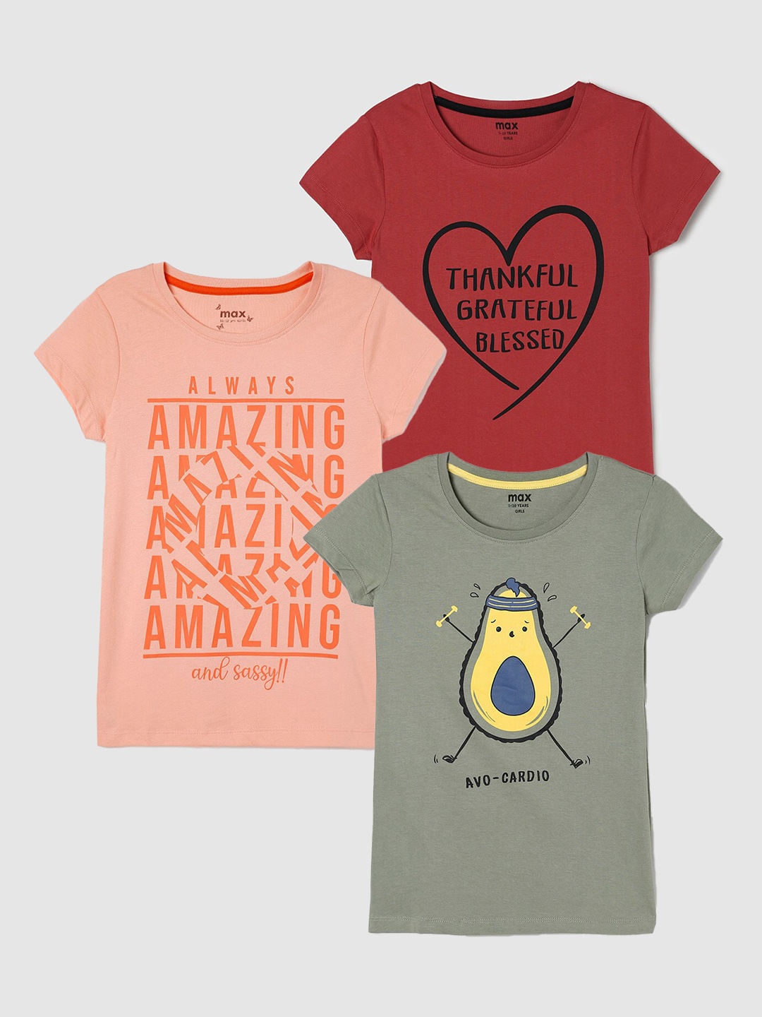 

max Girls Pack Of 3 Printed Round Neck Cotton Casual T-Shirt, Grey