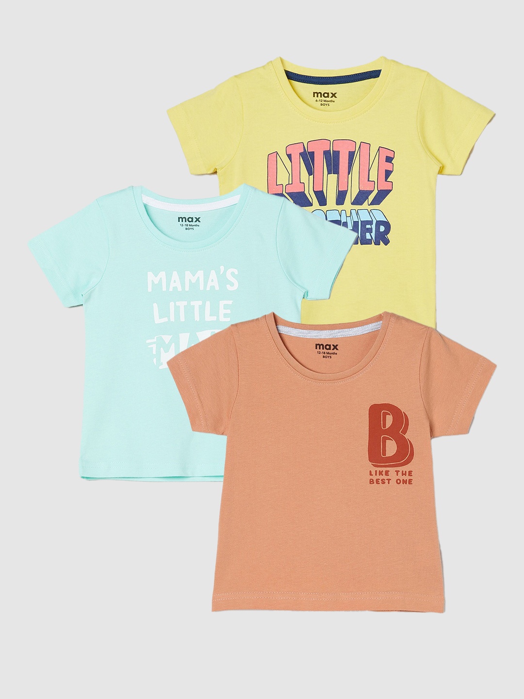 

max Boys Pack Of 3 Printed Round Neck Cotton Casual T-Shirt, Orange