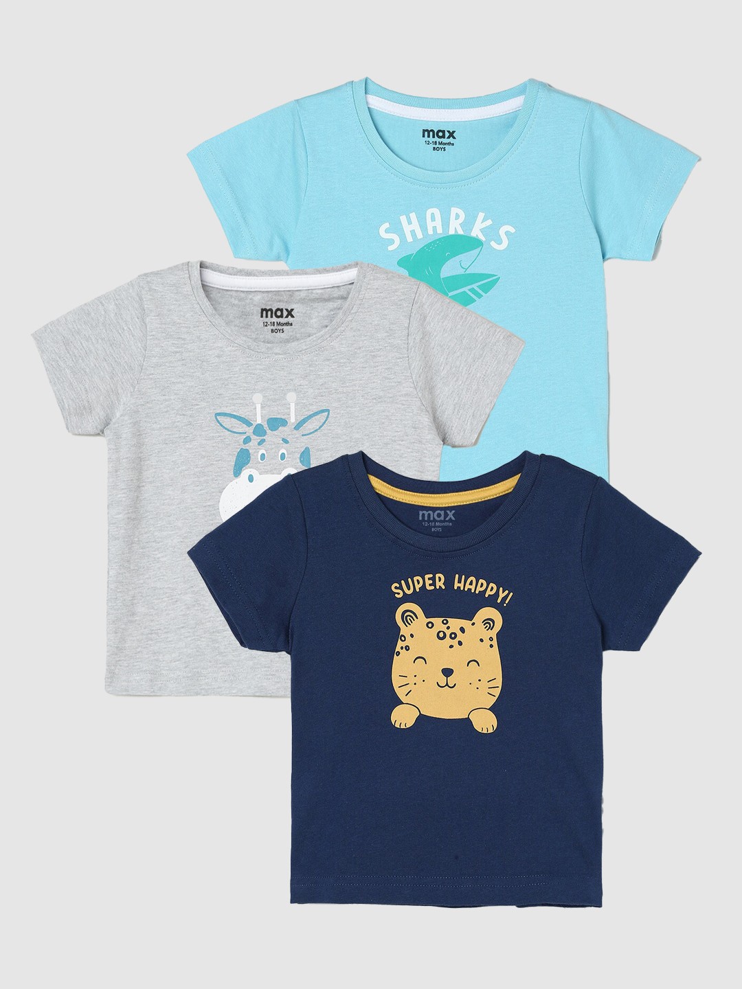 

max Boys Pack Of 3 Printed Round Neck Pure Cotton Casual T-Shirt, Navy blue