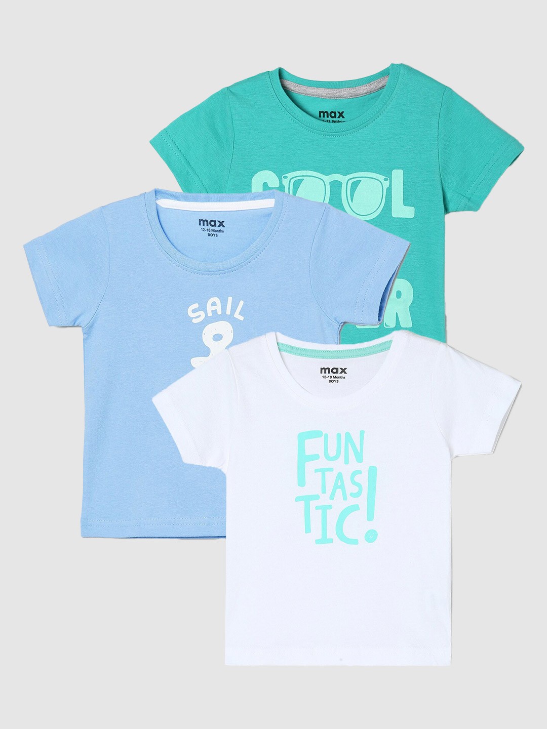 

max Boys Pack Of 3 Printed Round Neck Cotton Casual T-Shirt, White