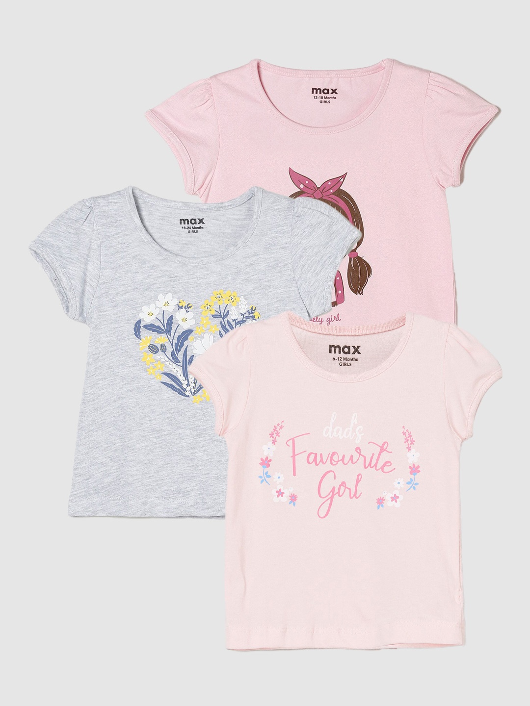 

max Girls Pack Of 2 Printed Pure Cotton Casual T-Shirt, Pink