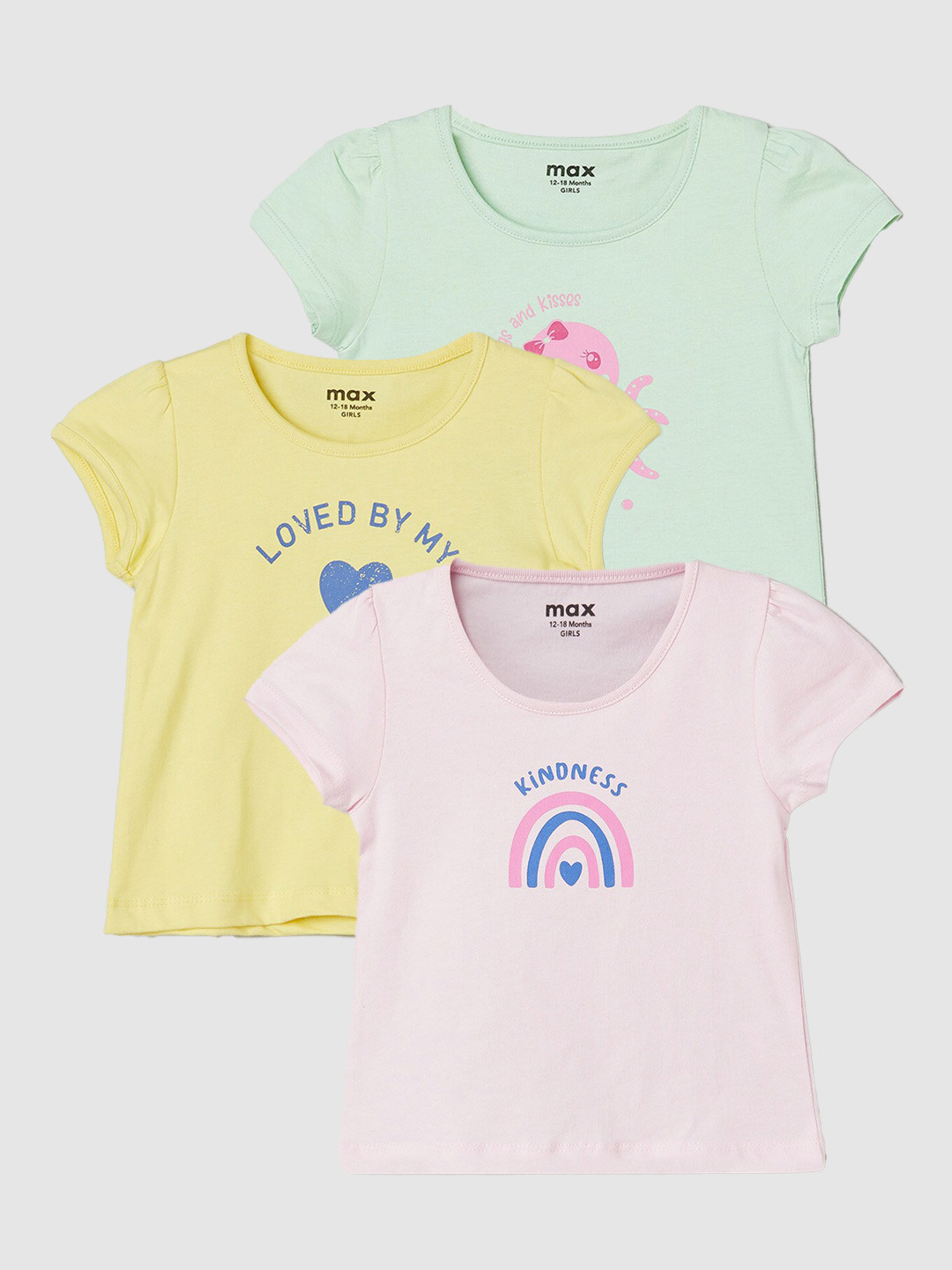 

max Girls Pack Of 3 Printed Round Neck Cotton Casual T-Shirt, Pink