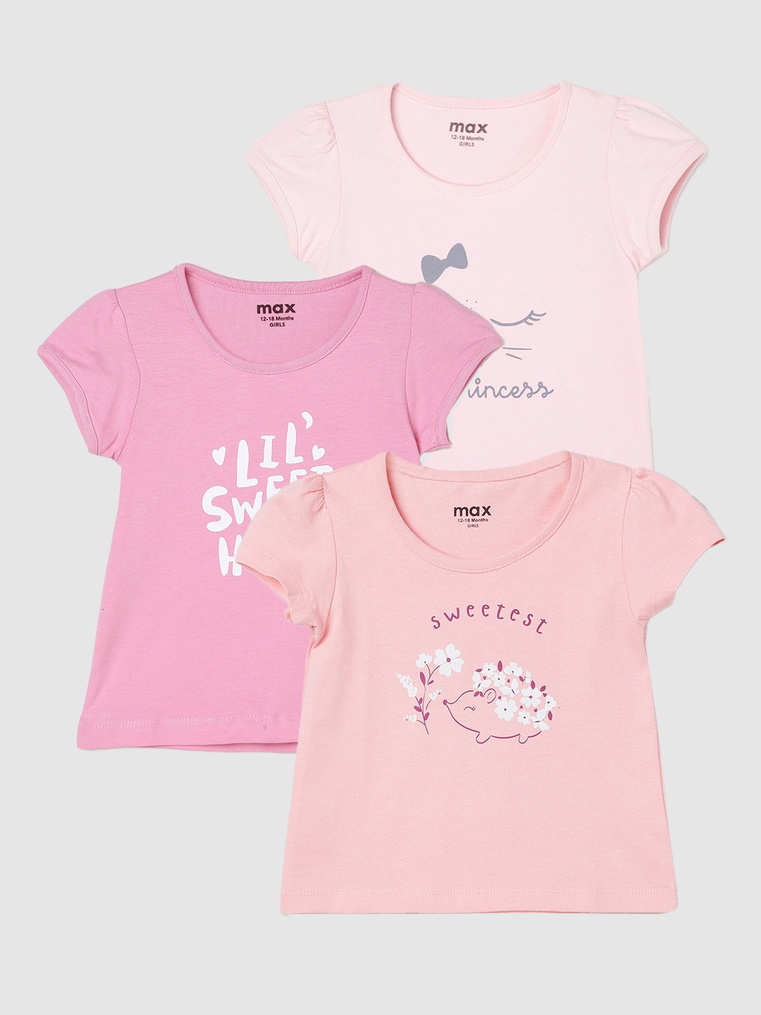 

max Girls Pack Of 3 Printed Round Neck Pure Cotton Casual T-Shirt, Peach