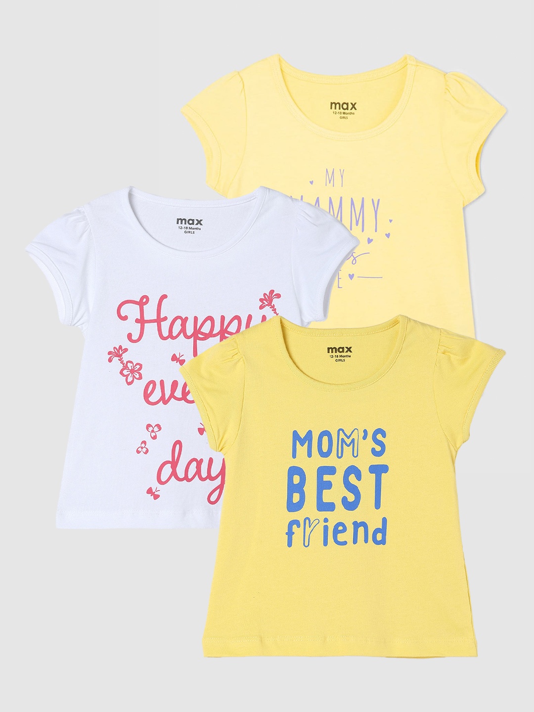 

max Girls Pack Of 3 Printed Round Neck Cotton Casual T-Shirt, Yellow