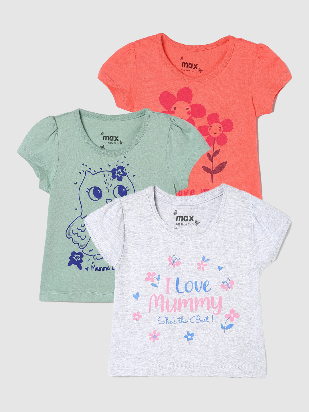 

max Girls Pack Of 3 Printed Round Neck Cotton Casual T-Shirt, Grey