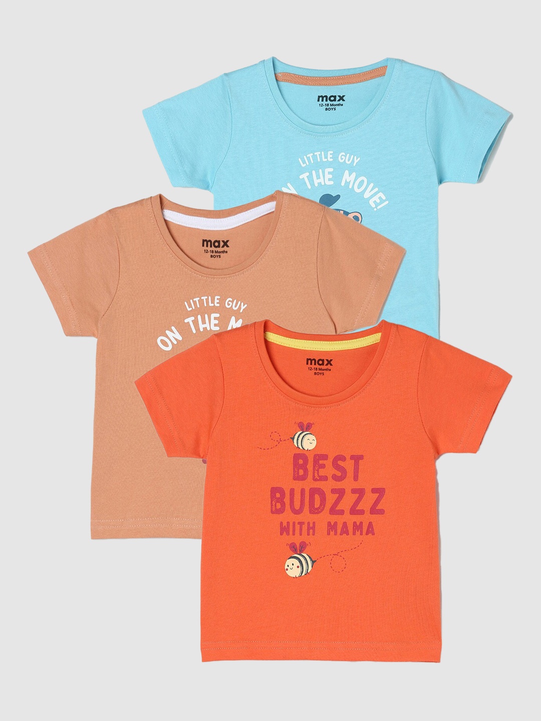 

max Boys Pack Of 3 Printed Round Neck Pure Cotton Casual T-Shirt, Orange