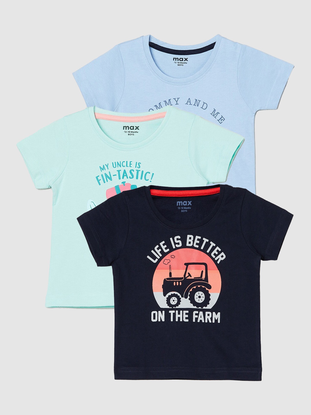 

max Boys Pack Of 3 Printed Round Neck Pure Cotton Casual T-Shirt, Black