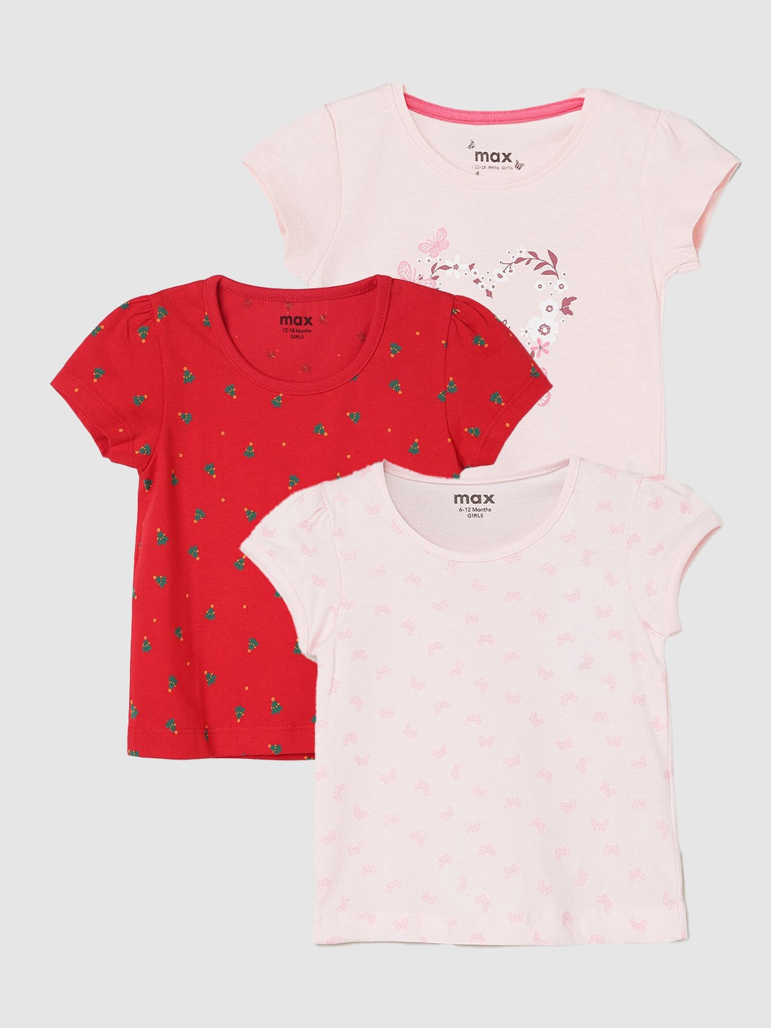 

max Girls Pack Of 3 Printed Round Neck Cotton Casual T-Shirt, Pink