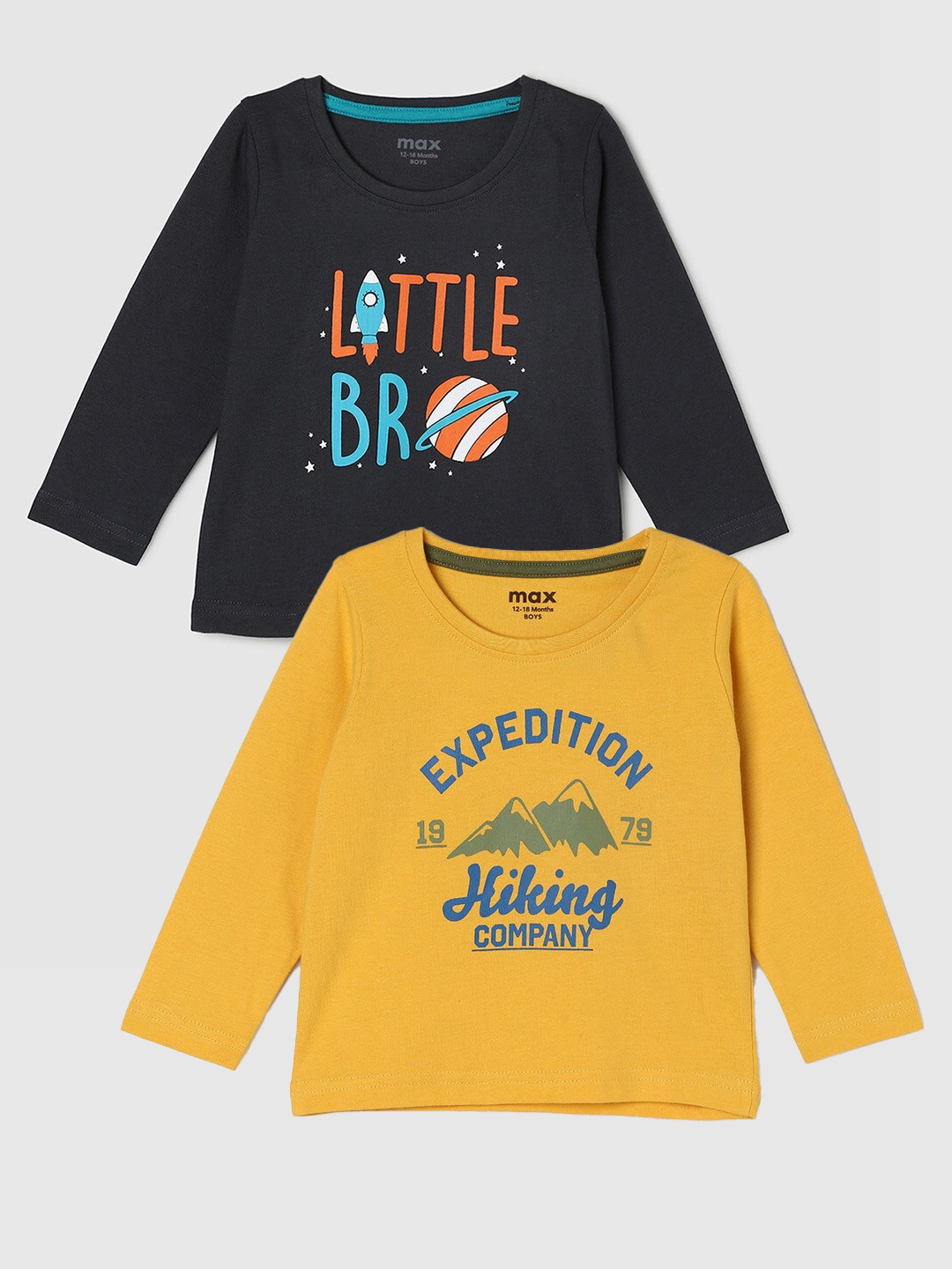 

max Boys Pack Of 2 Printed Round Neck Cotton Casual T-Shirt, Yellow