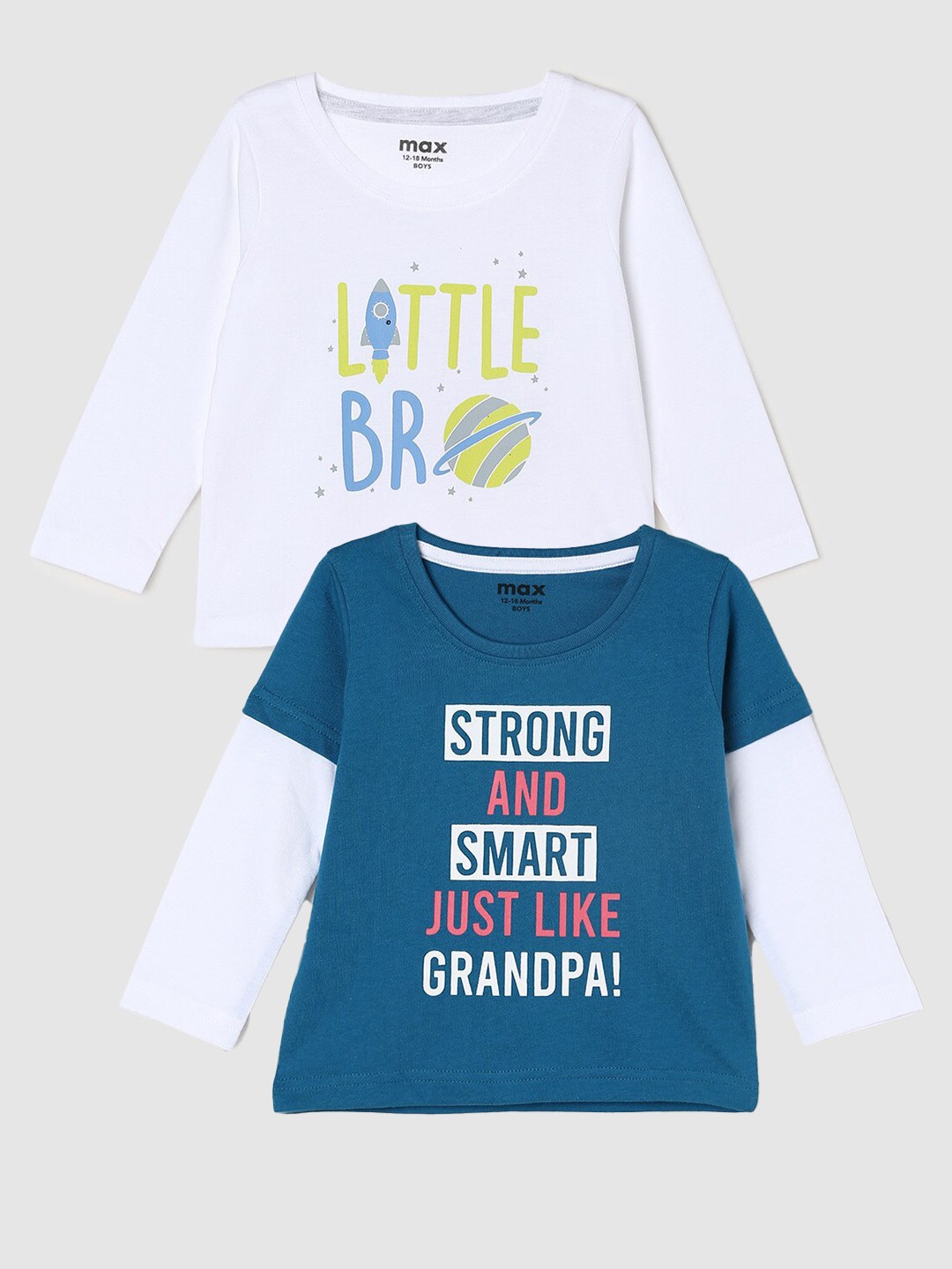 

max Boys Pack Of 2 Printed Round Neck Cotton Casual T-Shirt, Teal