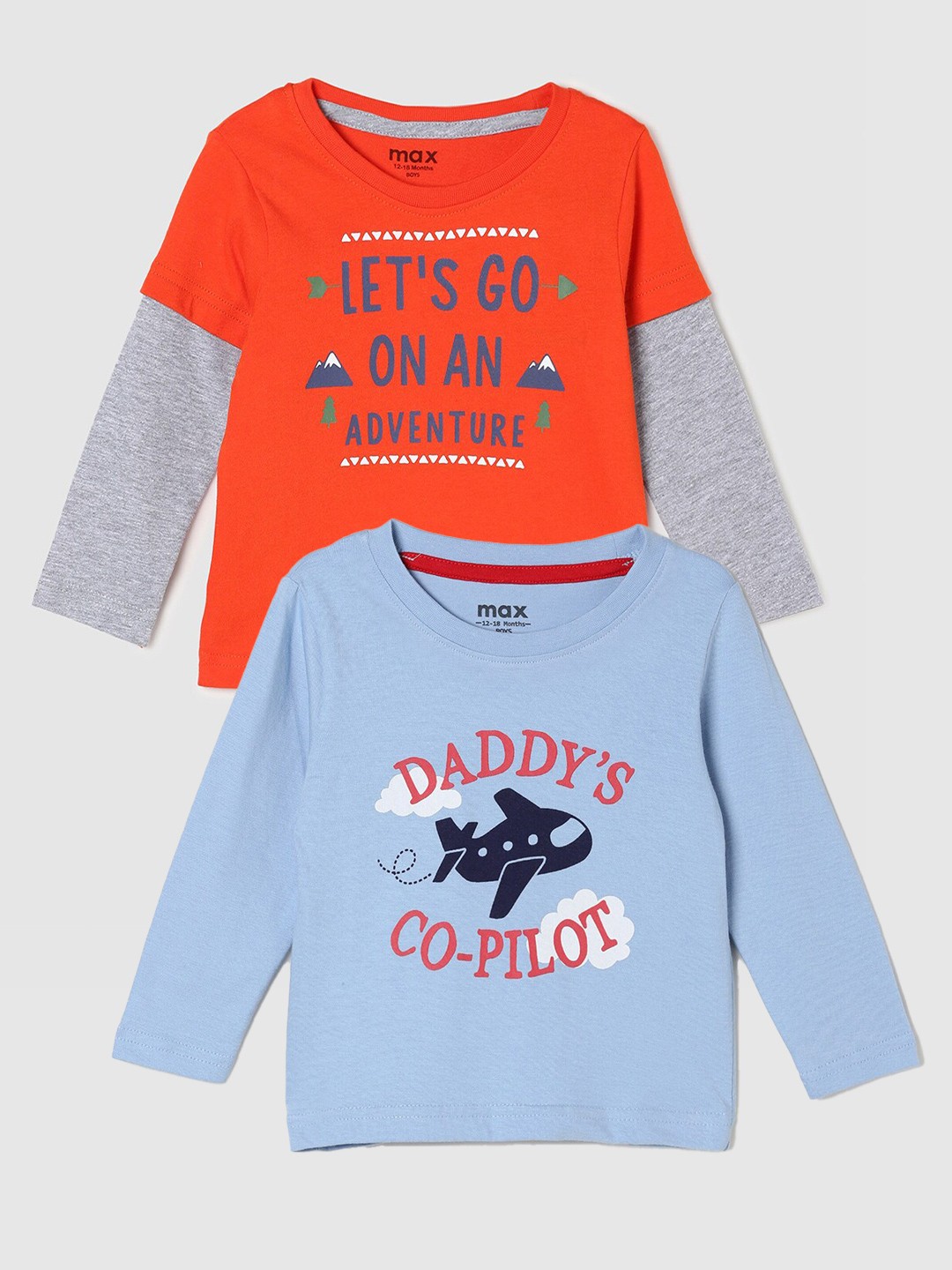

max Boys Pack Of 2 Printed Round Neck Cotton Casual T-Shirt, Blue