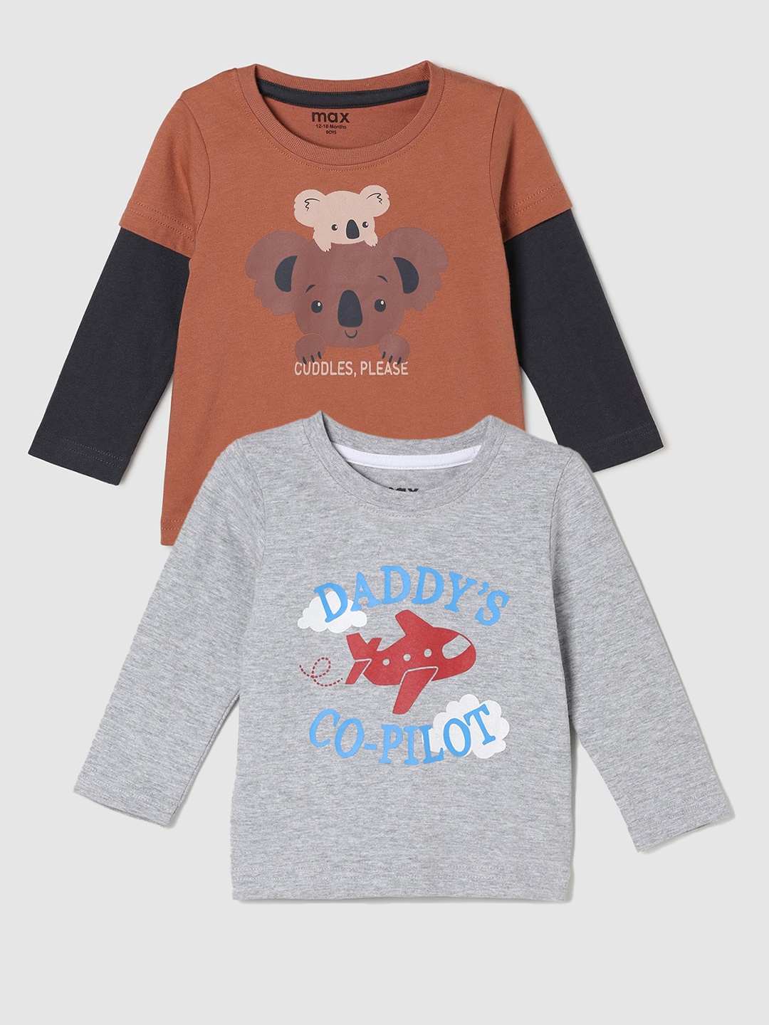 

max Boys Pack Of 2 Printed Round Neck Cotton Casual T-Shirt, Grey