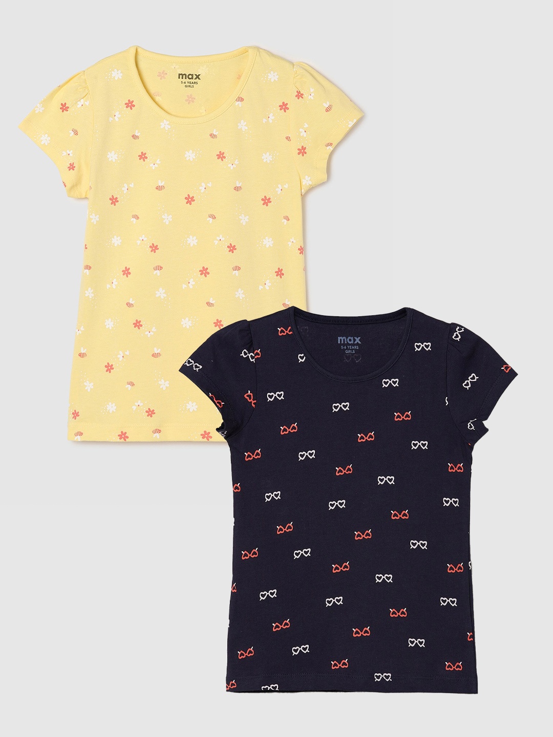 

max Girls Pack Of 2 Printed Cotton Casual T-Shirt, Navy blue